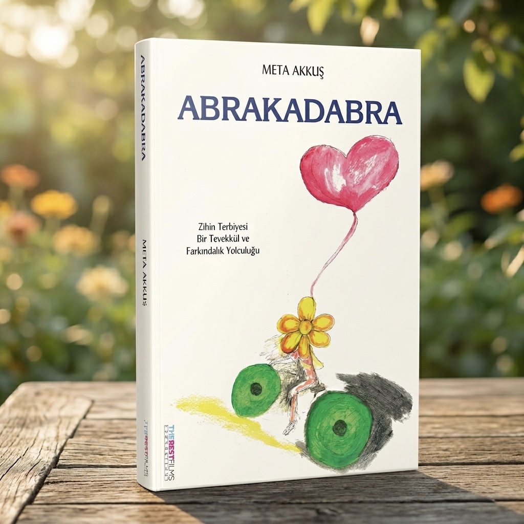 Abrakadabra kitabı, bahçede ahşap bir masanın üzerinde